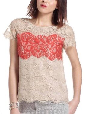 Anthropologie Porcelain Lace Cream and Coral Whimsy Boho Short Sleeve Blouse - S